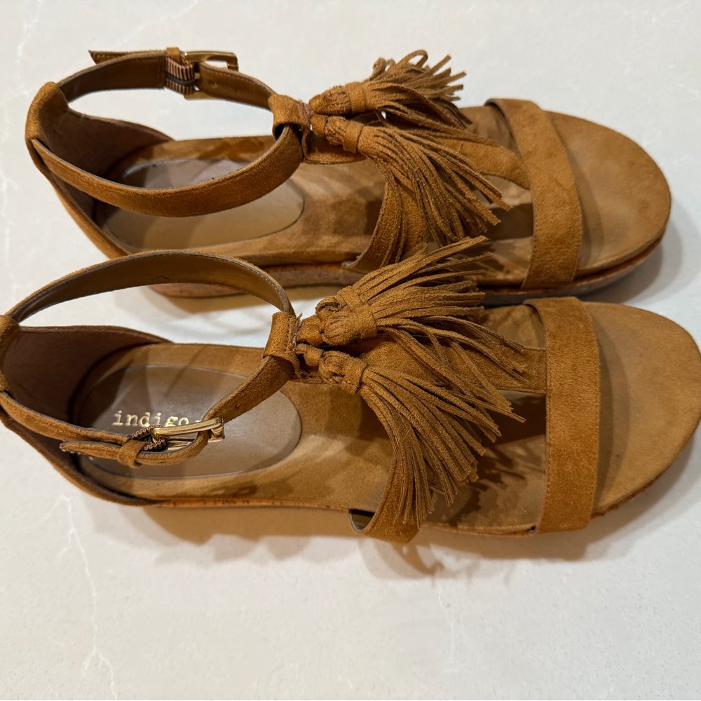 Indigo Tan Suede Sandals with Tassels, 8.5